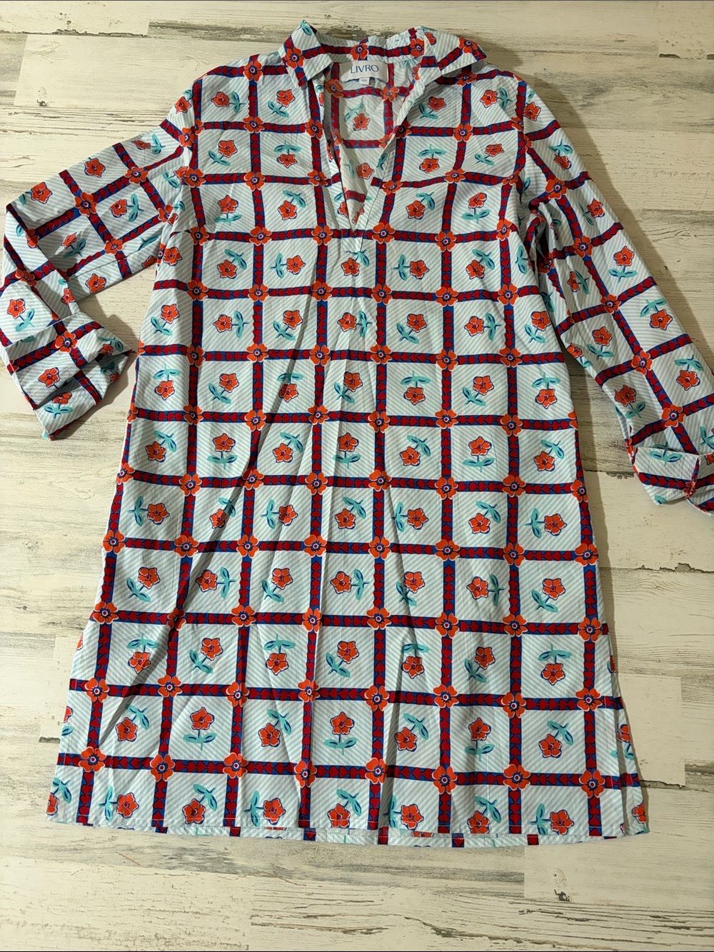 Livro Floral Grid Cotton Tunic Dress in Blue and Orange and Red
